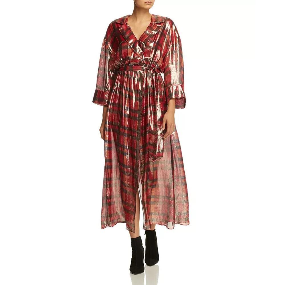 NWT Alice + Olivia Chap Metallic Plaid Faux-Wrap Maxi Dress Size 2 Red #1G508